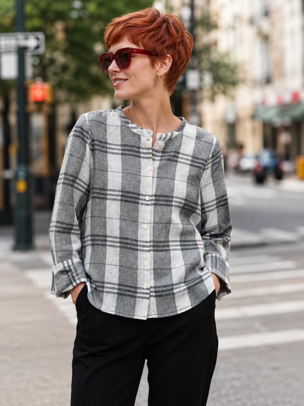 Madewell Black/White/Gray Plaid Cotton Blouse, Size M